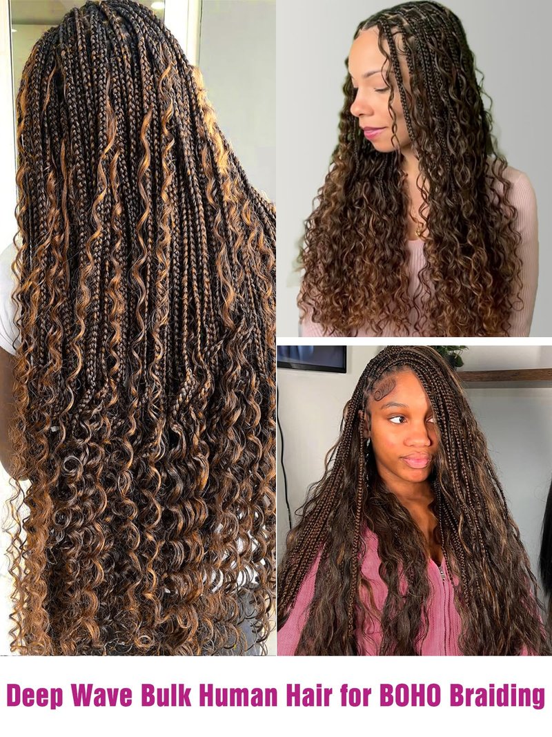 4/30 Bronze Gold Human Braiding Hair Deep Wave Bulk,Highlight No Weft Curly Braiding Hair Extensions for Boho Braids Wet and Wavy Braiding Human Hair Bundles(16inch,4/30,100g)