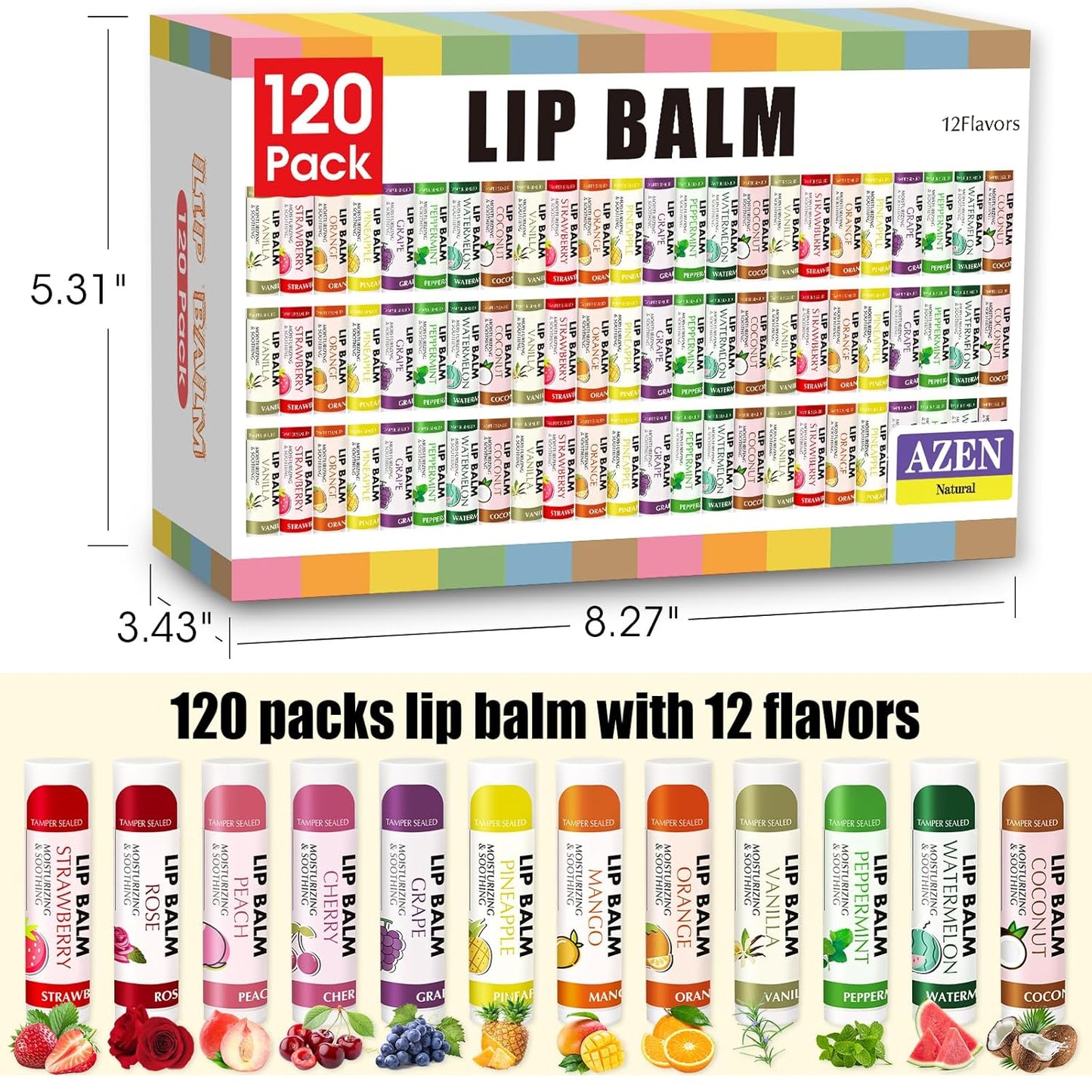 AZEN 24 Pack Lip Balm, Natural Lip Balm Bulk, Lip Care Product, Moisturizing Lip Balms for dry cracked lips - 12 Flavors