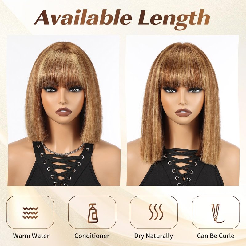 ELLORS 10 Inch Highlight Ombre Bob Wig Human Hair With Bangs Glueless 2x1 HD Lace Wigs, Short Wigs For Women Yaki Straight