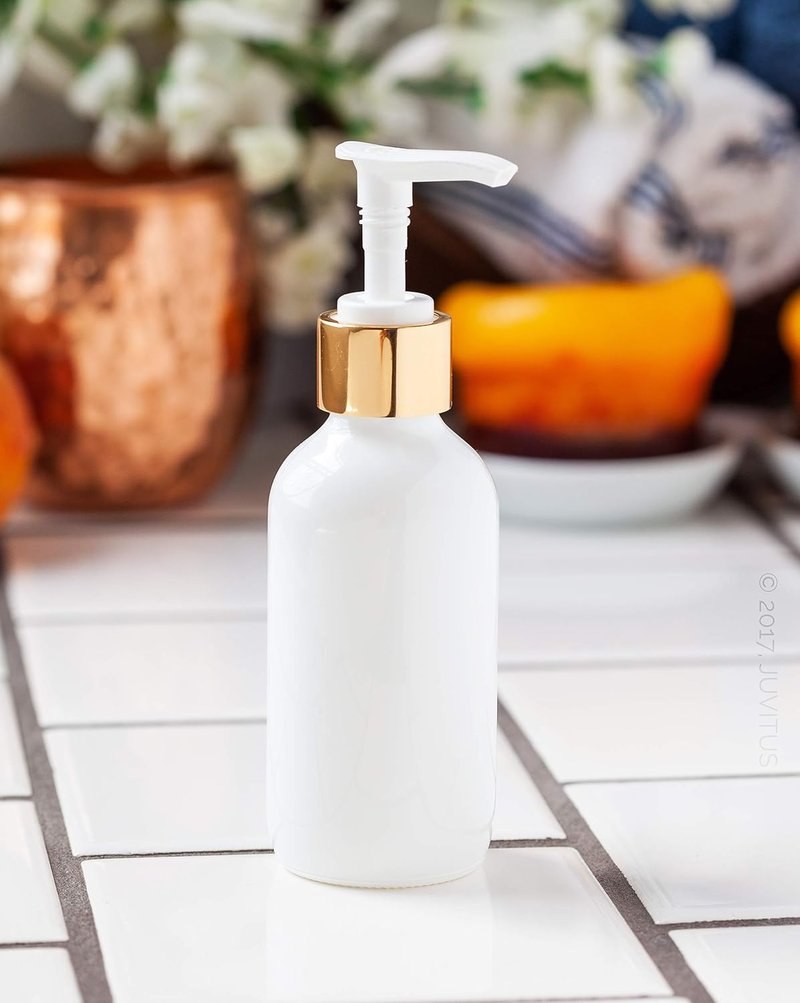 JUVITUS High Shine Gloss White Glass Boston Round Bottles - 4 oz with Gold Lotion Pump | 12 Pack