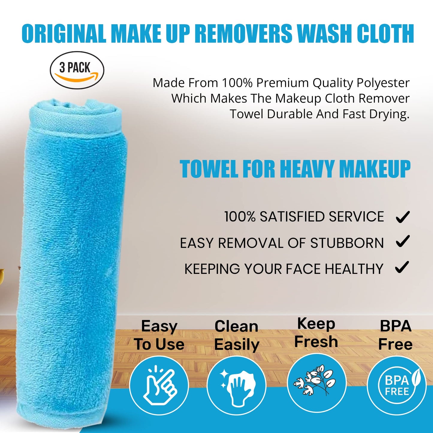Makeup Remover Face Towel for Women - Quick Dry Wash Cloth for Gentle Facial Cleansing | Reusable Pack of 3
