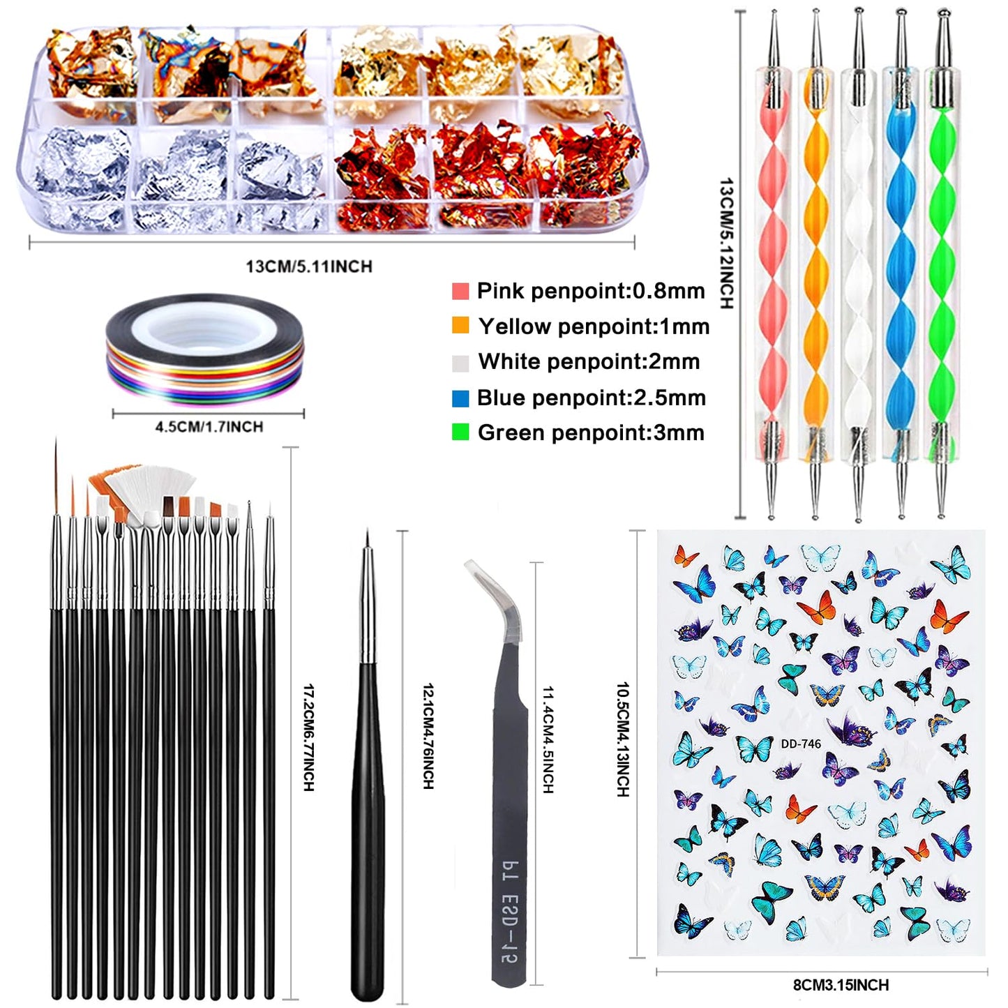 Nail Art Design Tools - 3D Decorations Kit with Brushes, Dotting Tools, Holographic Stickers, Nail Foil Tape, Rhinestones and Pick-Up Tweezers