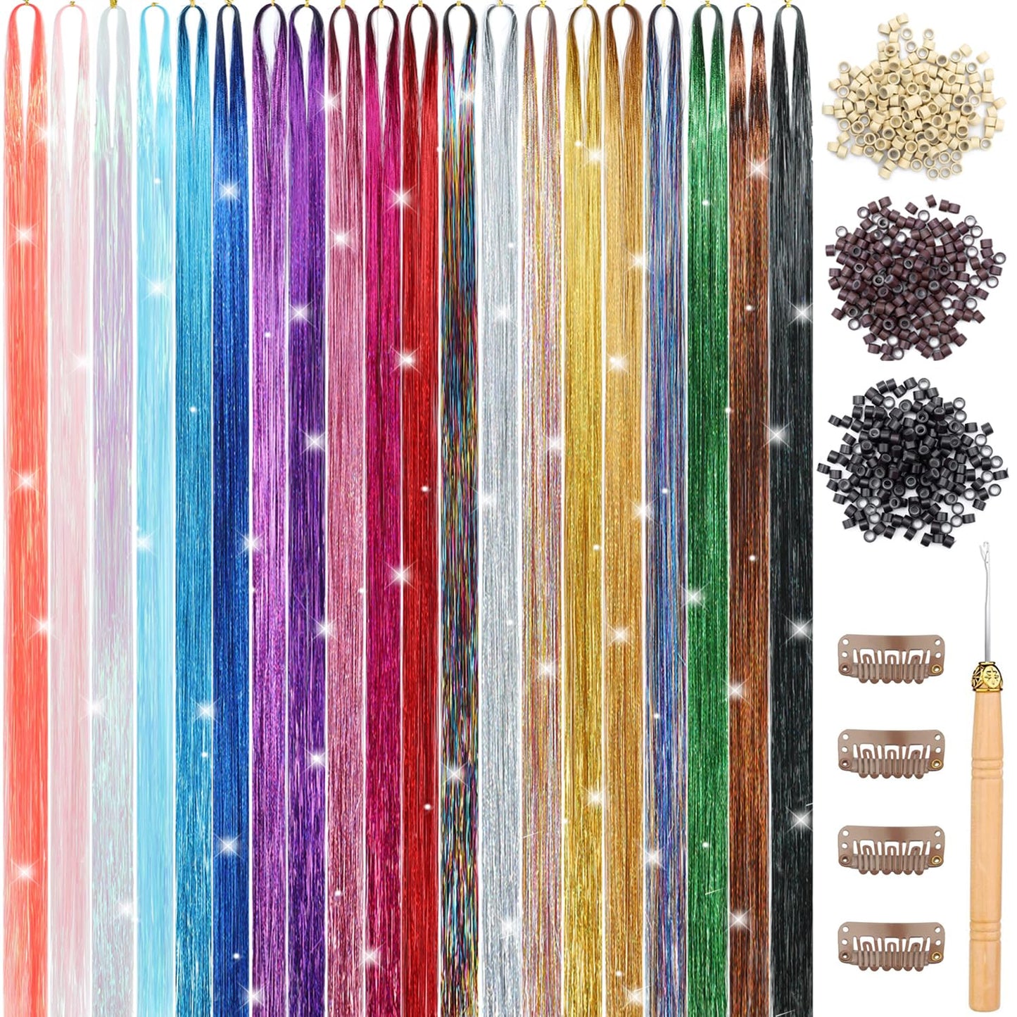 Hair Tinsel Kit 20 Colors 4800 Strands Fairy Hair Tinsel Heat Resistant 48 Inches Glitter Tinsel Hair Extensions Highlights Sparkling Hair Tinsel Kit for Girls Hair Accessories Party Festival