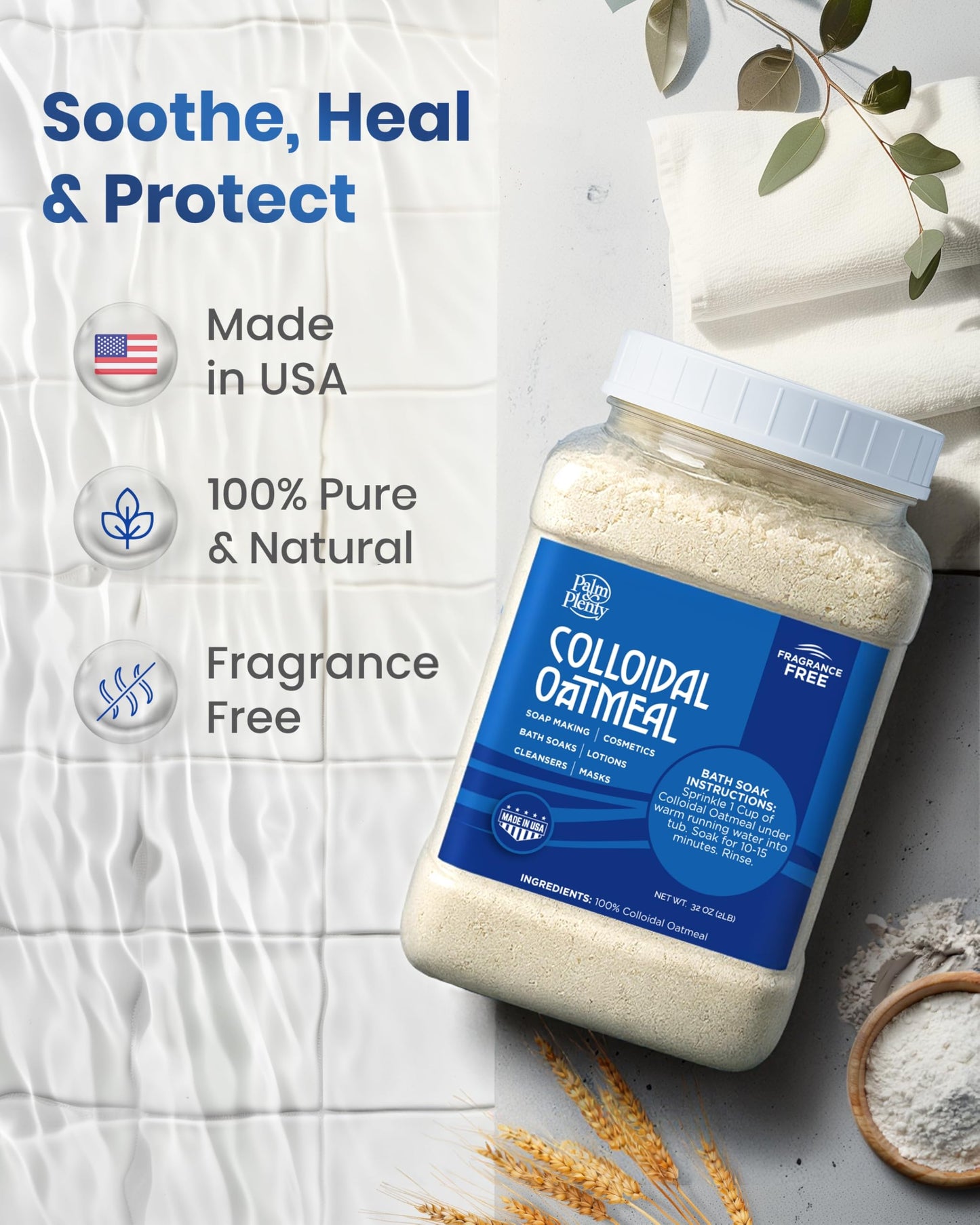 Palm and Plenty 100% Colloidal Oatmeal - Unscented, Ideal for DIY Bath Products, Skincare, Cosmetics, Natural Oatmeal Bath for Itching Adults, Soothing Agent for Itchy, Irritated Skin, 32oz
