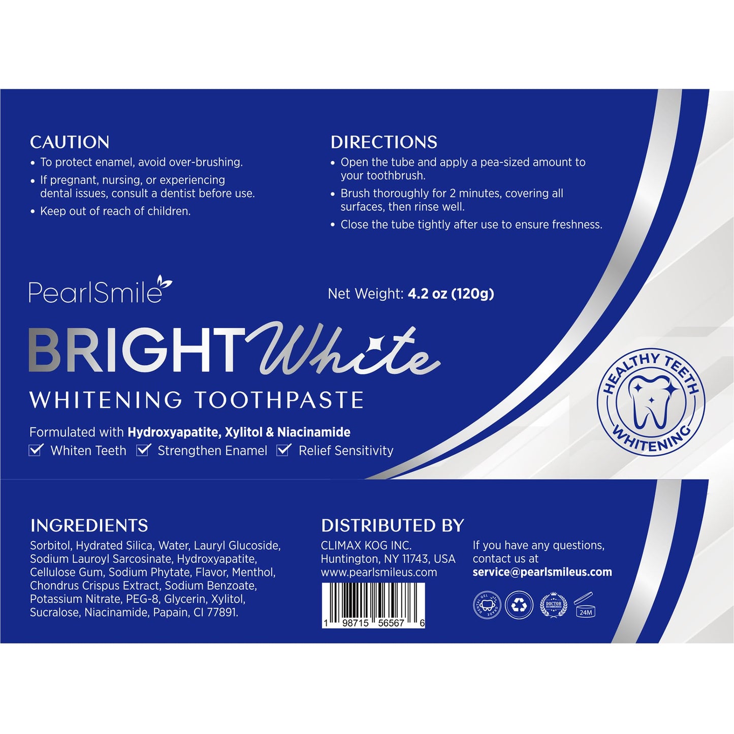 PearlSmile Hydroxyapatite Niacinamide Whitening Toothpaste – 5% Niacinamide + 10% Nano-Hydroxyapatite (nHAp) – Strengthens Enamel & Remineralizes – Fluoride-Free, 4.2oz (Pack of 2)