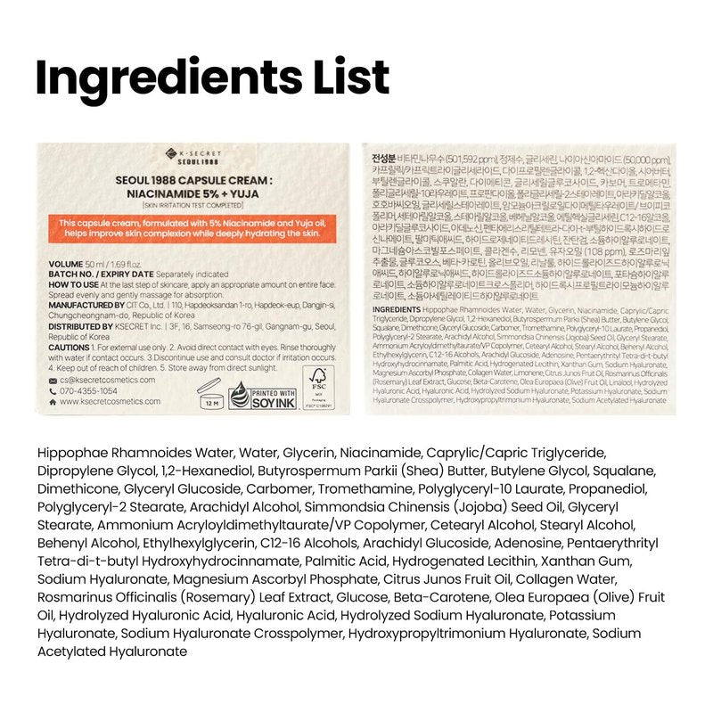 K-SECRET SEOUL 1988 Niacinamide Capsule Cream – Hydrating Face Moisturizer with 5% Niacinamide and Yuja | Vitamin C Capsule Cream for Dark Spots, Uneven Skin Tone | Korean Skincare, 50ml / 1.69 fl oz