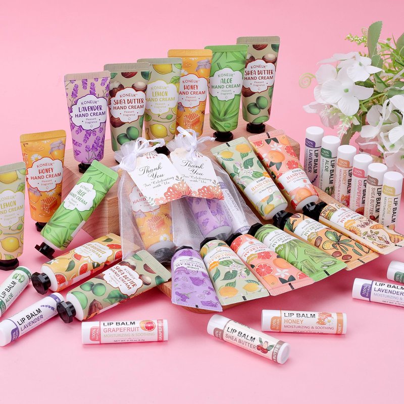KONEUK 60 Pack Hand Cream Bulk and Lip Balm Bulk Sets, Mothers Day Gifts and Bridal Shower Gift for Guests, Teacher Appreciation Gifts, Nurses Week Gift, Birthday Gift, Small Gifts for Women