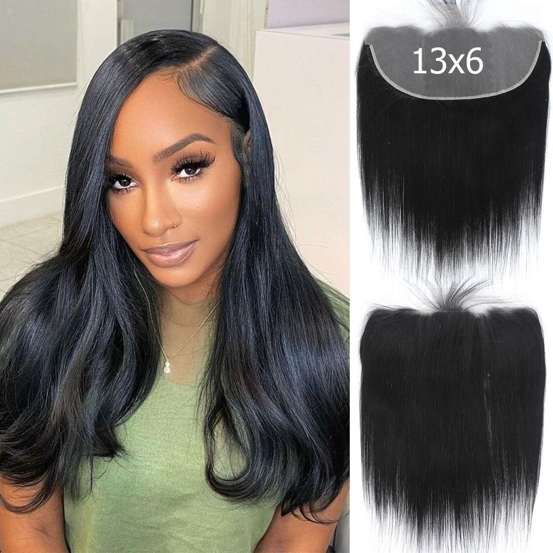 DSEKCAIN HD Frontal 13x6 Lace Frontal Straight Human Hair 13x6 Big and Long Departing Space From Ear to Ear Free Part Transparent Lace closure 100% Real Human Hair Natural Black 1B Color 12 Inch