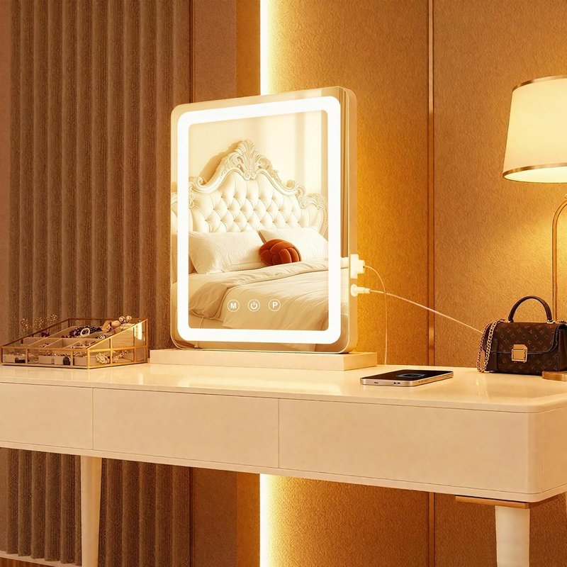 LED Makeup Mirror with Lights - 3-Color Dimmable Lighting, Smart Touch Control | Tabletop Vanity Mirror for Bedroom & Dressing Room