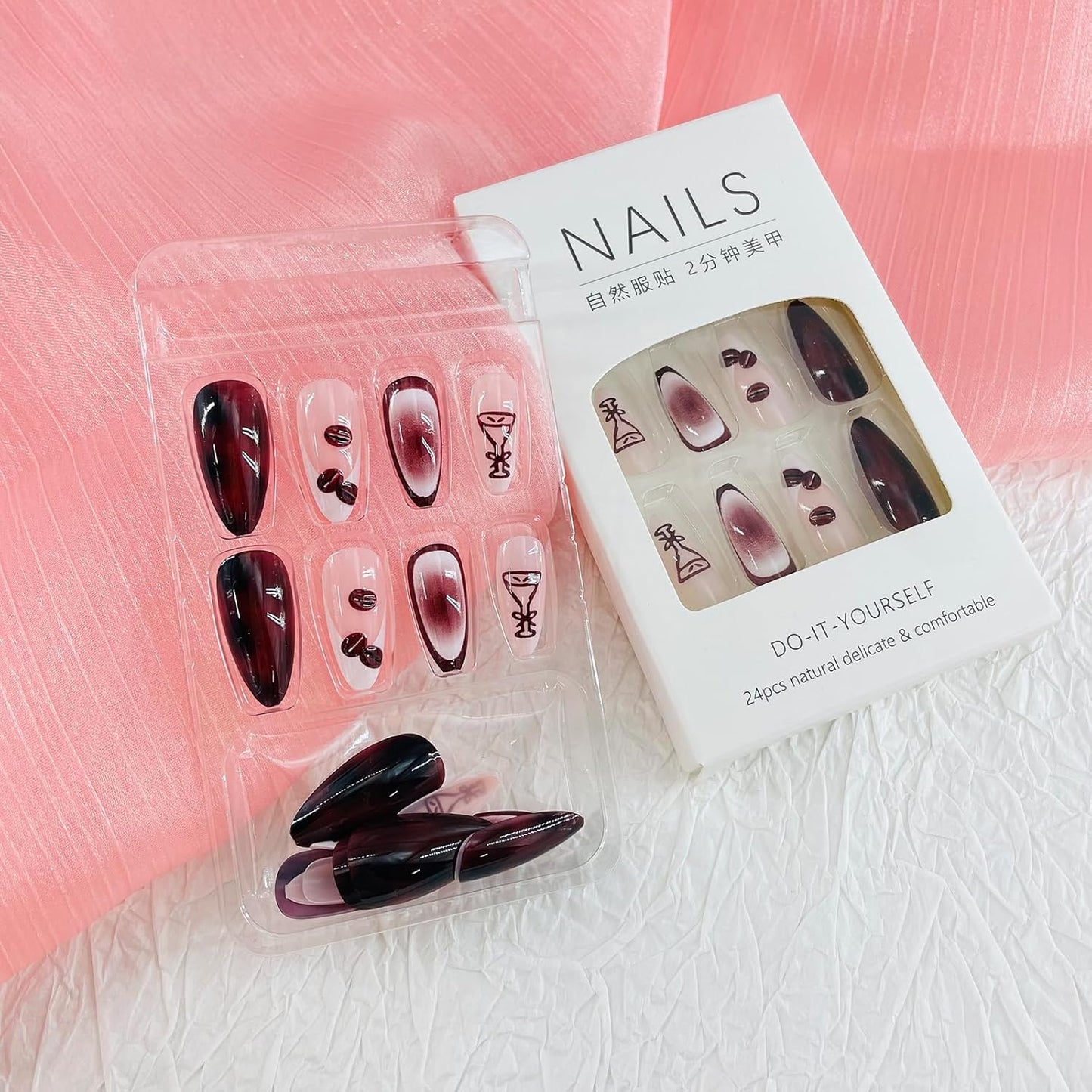 French Tip Almond Press-On Nails with Gold Bow | Reusable Glossy Acrylic False Nails for Women