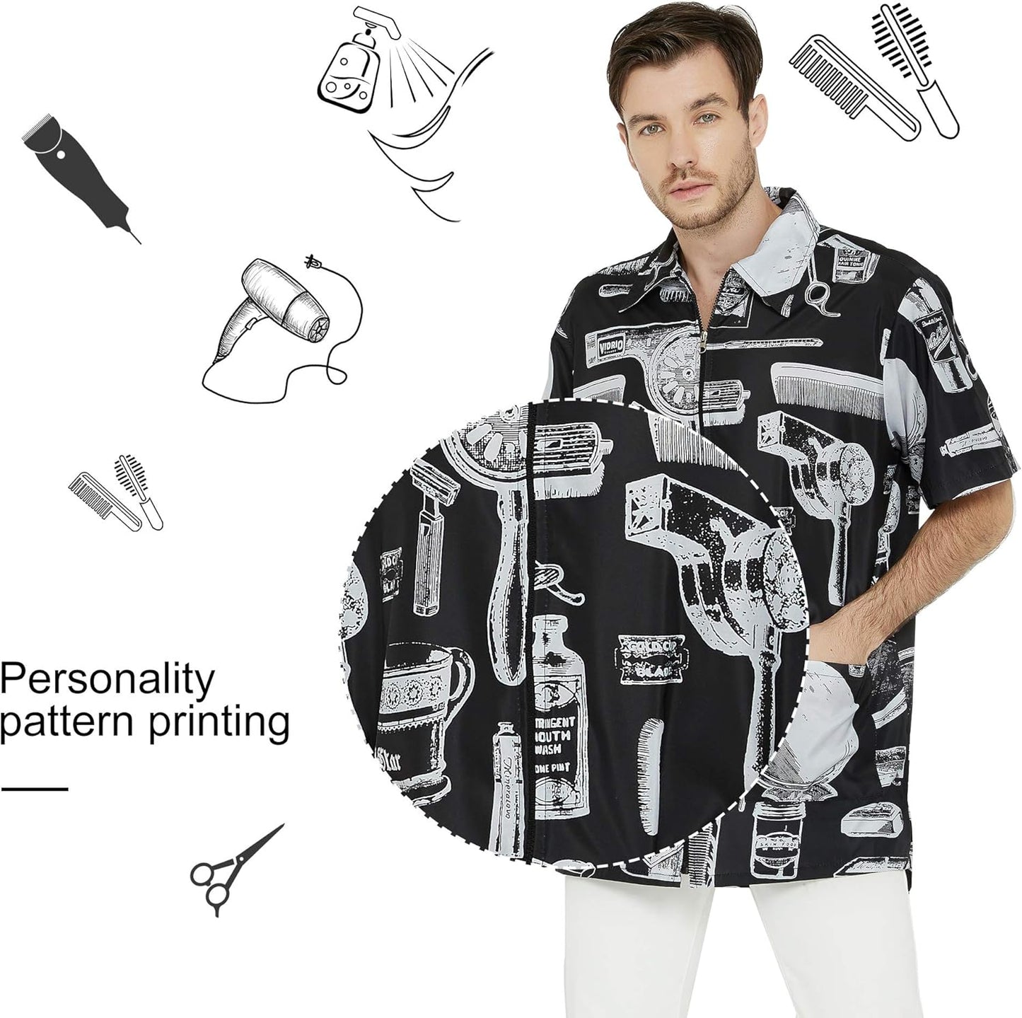 Men's Barber Jacket | Vintage Print Stylist Grooming Smock - Professional Hair Dressing Apparel in Black