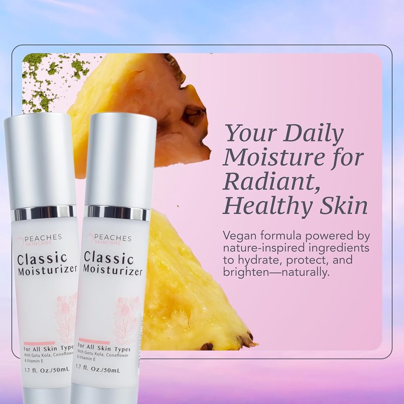 Peaches Hydrating Vegan Moisturizer - Age-Defying Daily Face Cream with Vitamin E & Gotu Kola | 1.7 oz for All Skin Types