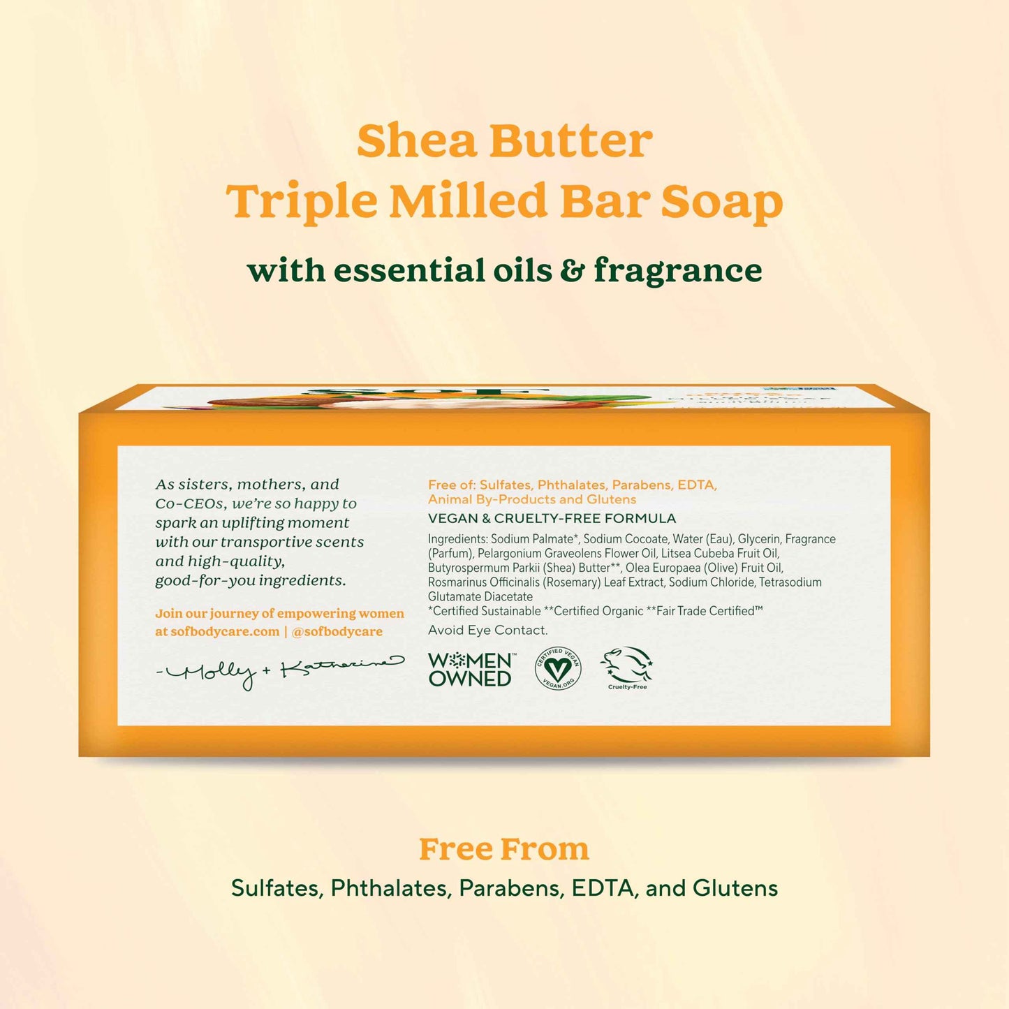SoF Triple Milled Bar Soap - With Coconut Oil & Organic Shea Butter- Vegan & Non GMO- Free From Phthalates, Sulfates & Parabens- Shea Butter - 6 oz Bar 4 Bars