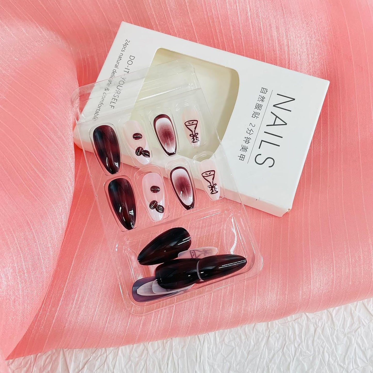 French Tip Almond Press-On Nails with Gold Bow | Reusable Glossy Acrylic False Nails for Women