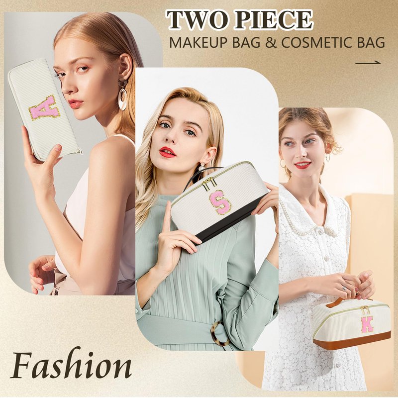 2pack Personalized Initial Travel Makeup Bag,Leather Waterproof Large Capacity Cosmetic Bags,Monogram Open Flat Toiletry Bag Make up Organizer Perfect for Women,Teen Girls,Birthday Gifts(Black M)