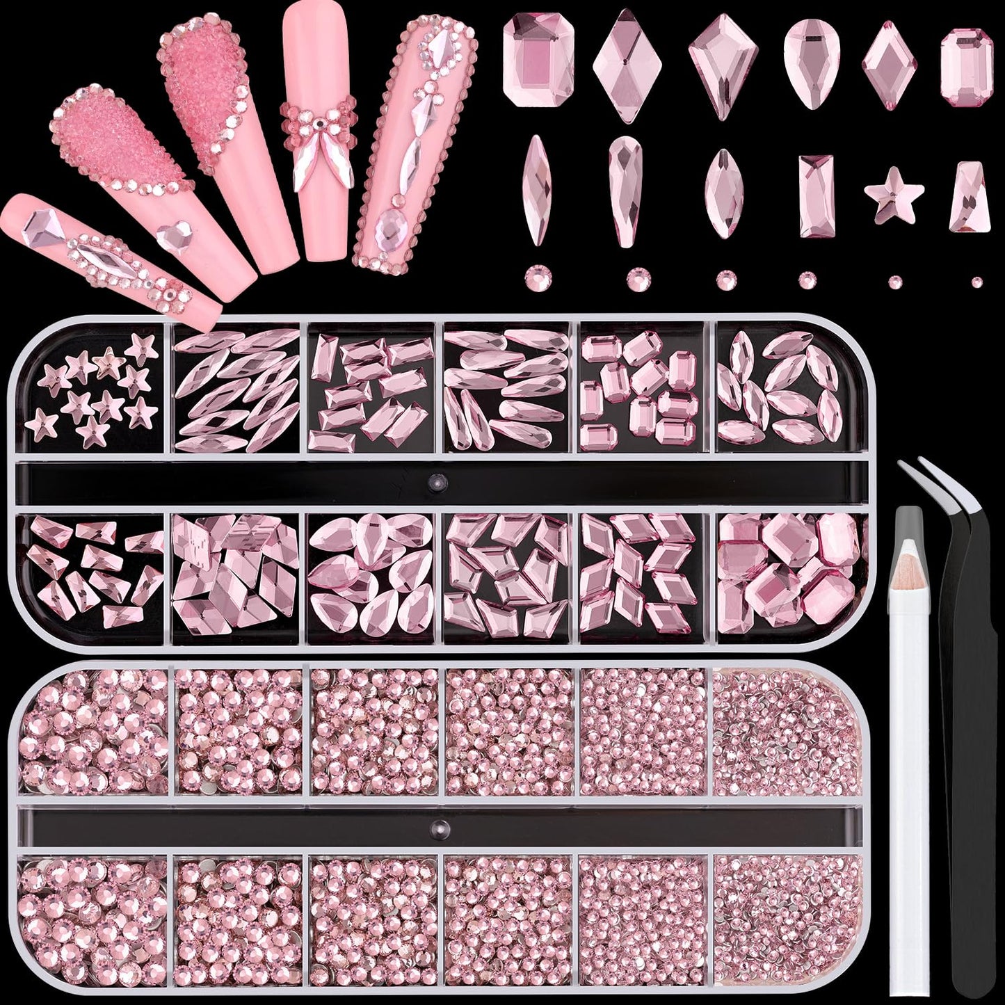 3220Pcs Champagne Gold Nail Rhinestones 120Pcs Multi Shapes Flatback Gems Charms Crystal+3100Pcs 1.5-4mm Round Beads, Glass Diamond Gemstones for Bedazzling Acrylic Nails Decoration