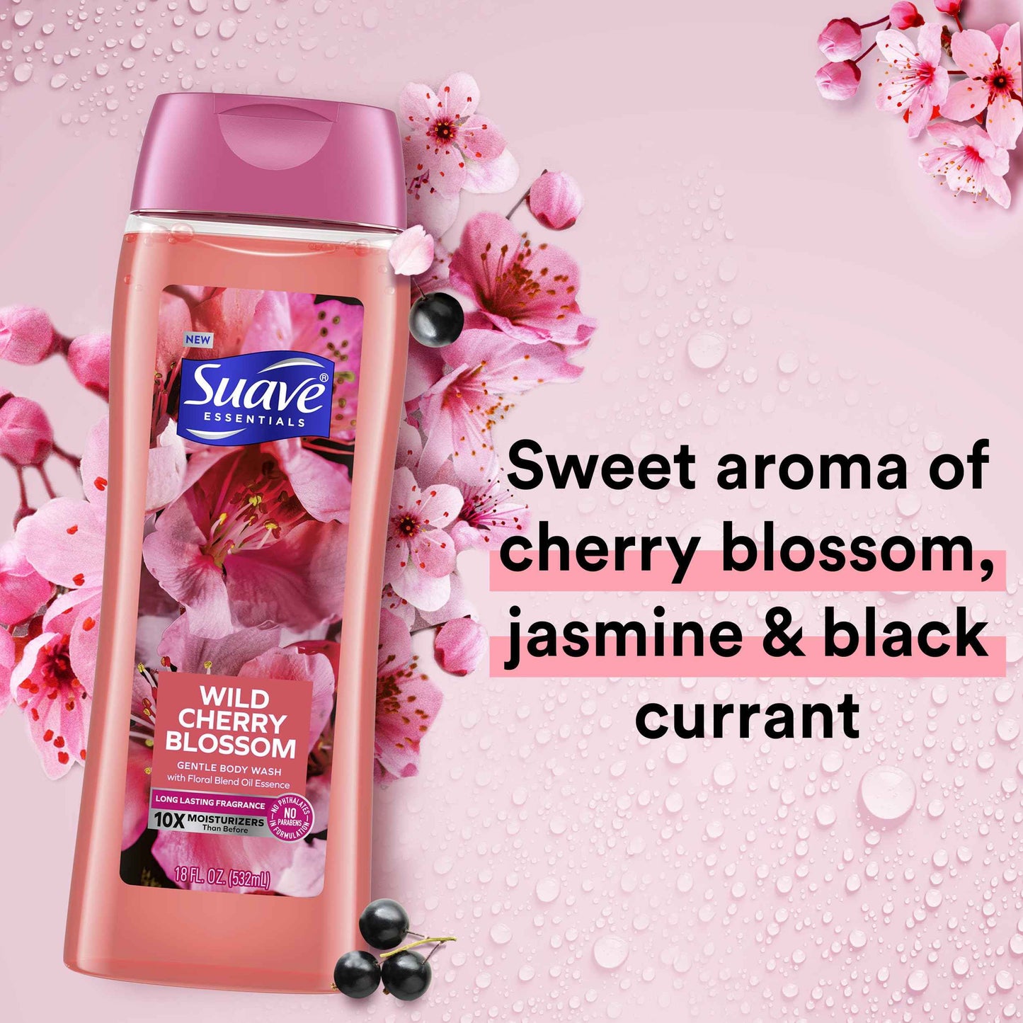 Suave Moisturizing Body Wash, with Wild Cherry Blossom and Vitamin E Extract, No Parabens, No Phtahaltes, 18 Oz Pack of 6