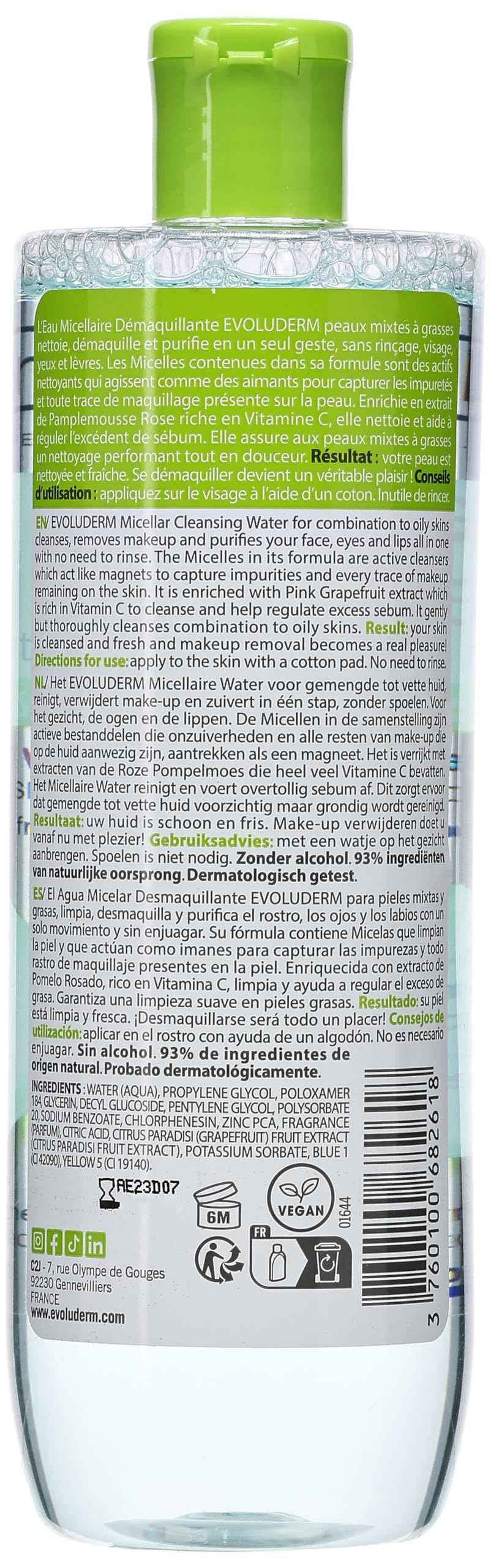 Evoluderm Micellar Water Facial Cleansing and Makeup Remover, For Combination To Oily Skin, Alcohol Free, Dermatologist Tested, 16.9 Ounces, Made In France