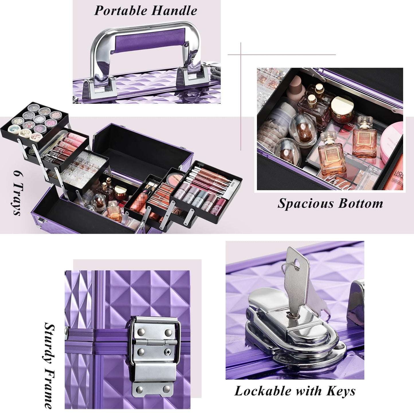 Frenessa Makeup Train Case 12 Inch Portable Cosmetic Case - 6 Tier Professional Makeup Storage Box Organiser Box Make Up Carrier with Lockable Keys Travel Case for Women and Girls - Purple