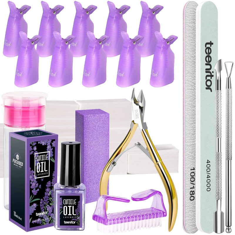 Teenitor Nail Gel Polish Remover Tools Kit with Nail Clips Nail Remover Pads Cuticle Oil Nail Brushes Nail File Buffer Block Nail Clipper Cuticle Peeler Scraper Pusher and Cutter Purple