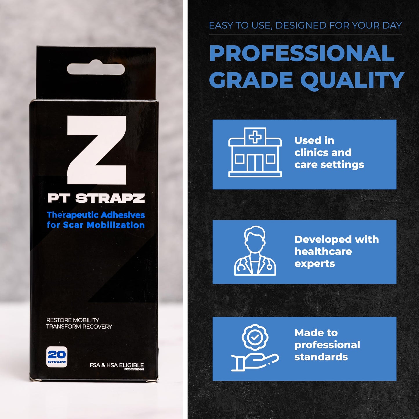 PT StrapZ Non-Elastic, Therapeutic Adhesive, Scar Tissue Mobilization, Scar Tissue Stretching, Therapeutic Tool to aid Recovery from Surgery or Trauma Health & Personal Care (20 strips)