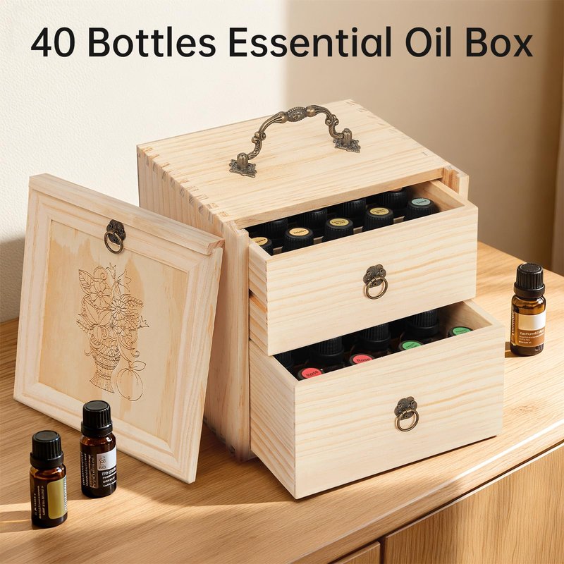 TORIBIO Essential Oil Storage Box for 40 Bottles, Wooden Essential Oils Holder Organizer Holds 5-30ml for Young Living & Doterra Bottles