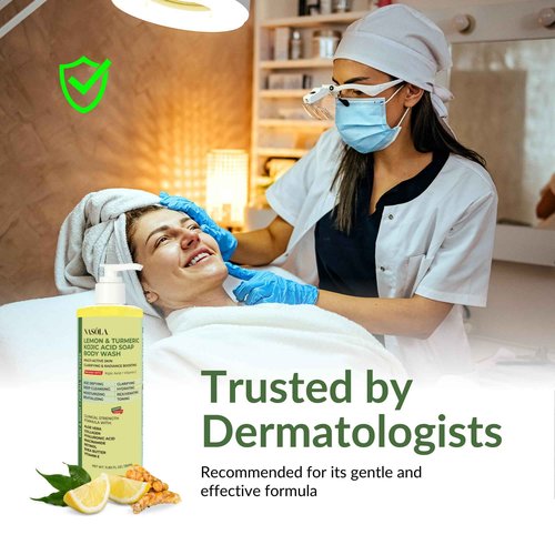 Nasola Lemon Turmeric Kojic Acid Soap Body Wash - Natural Gentle Face & Skin Cleanser with Vitamin C, Shea Butter, Collagen, Niacinamide, Hyaluronic Acid, and Aloe Vera - 11.83 Fl Oz