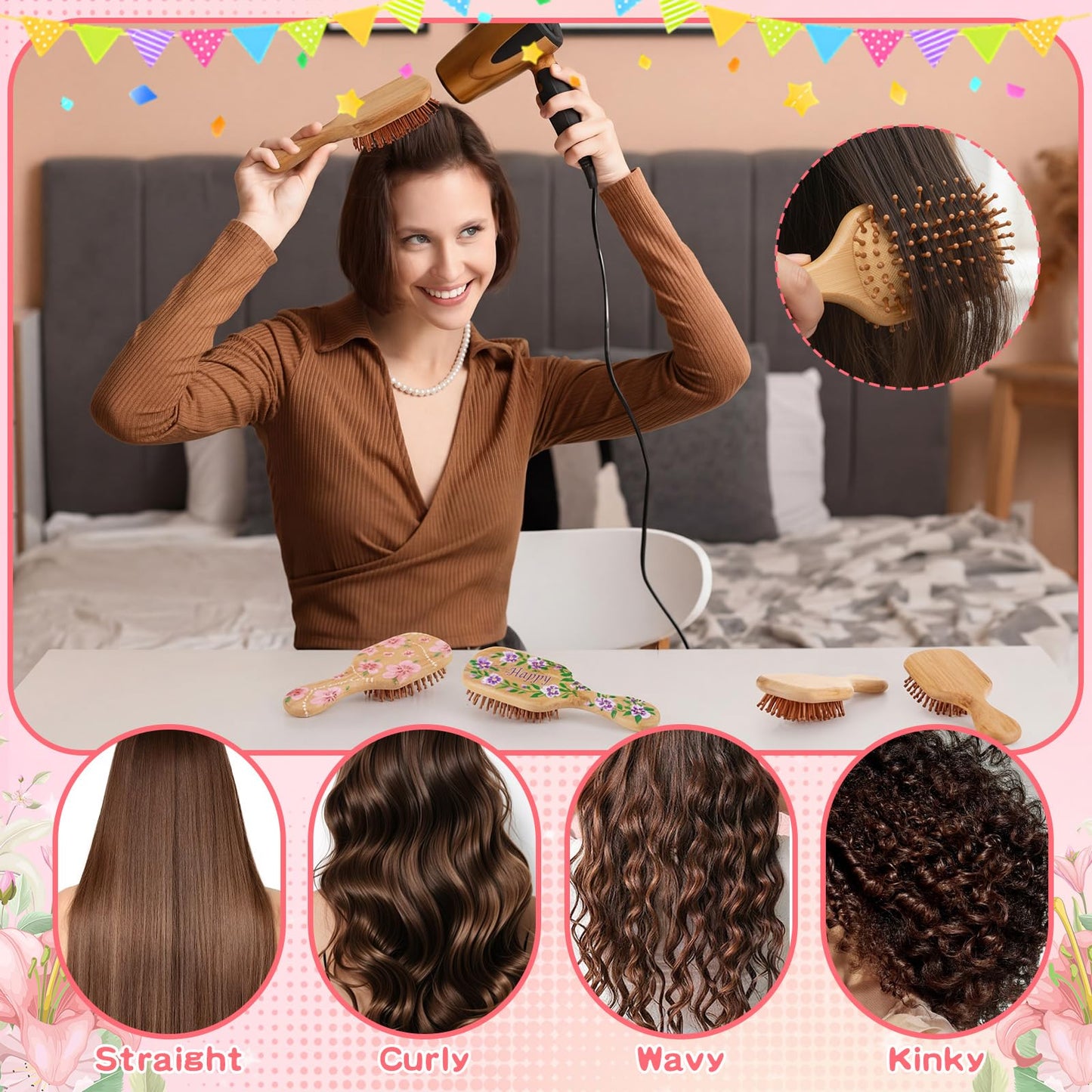 Weysat 18 Set DIY Wooden Hairbrush Painting Kits Paint Your Own Hair Brush with Paint Brush Sticker Mini Travel Detangling Hairbrush for Wedding Bridal Showers Girlfriends Night Gifts(Classic)