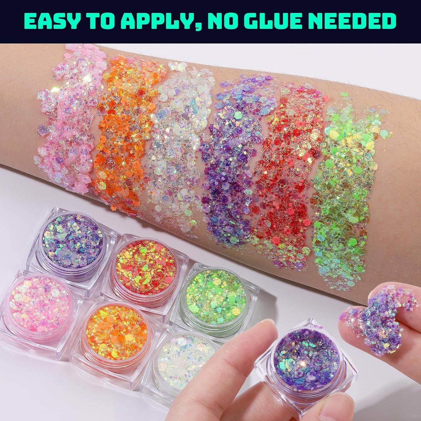 Teenitor 6 Colors Glow in The Dark Glitter Gel, Face Glitter Gel, Body Glitter Hair Glitter for Halloween Makeup UV Black Light Party Cheer Raves Festivals