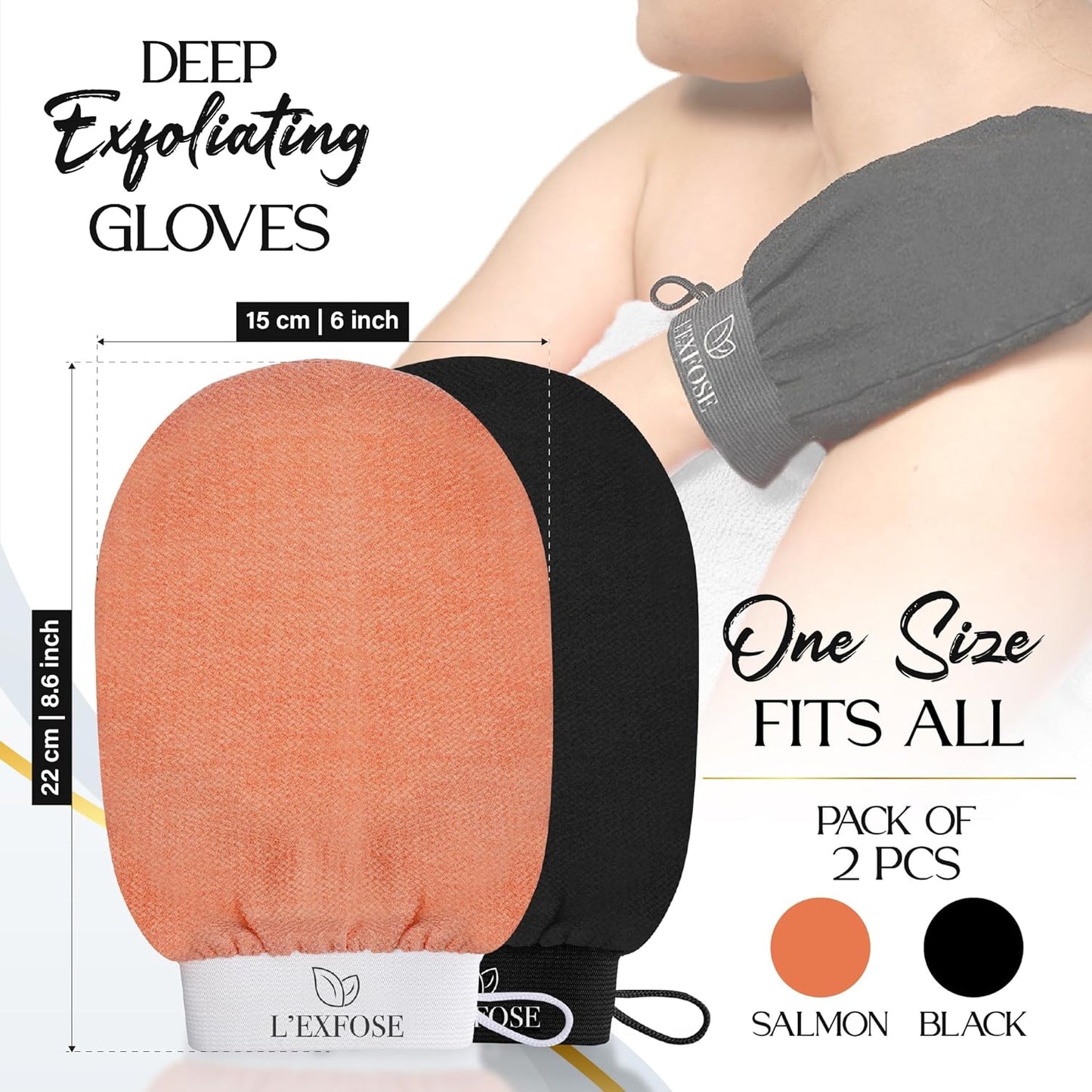 L'Exfose Kessa Hammam Deep Exfoliating Glove 2pc - Korean Exfoliating Mitt for Shower Ideal for Dead Skin Remover, Keratosis Pilaris & Self-Tanning to Improve Skin Tone Made with 100% Natural Viscose