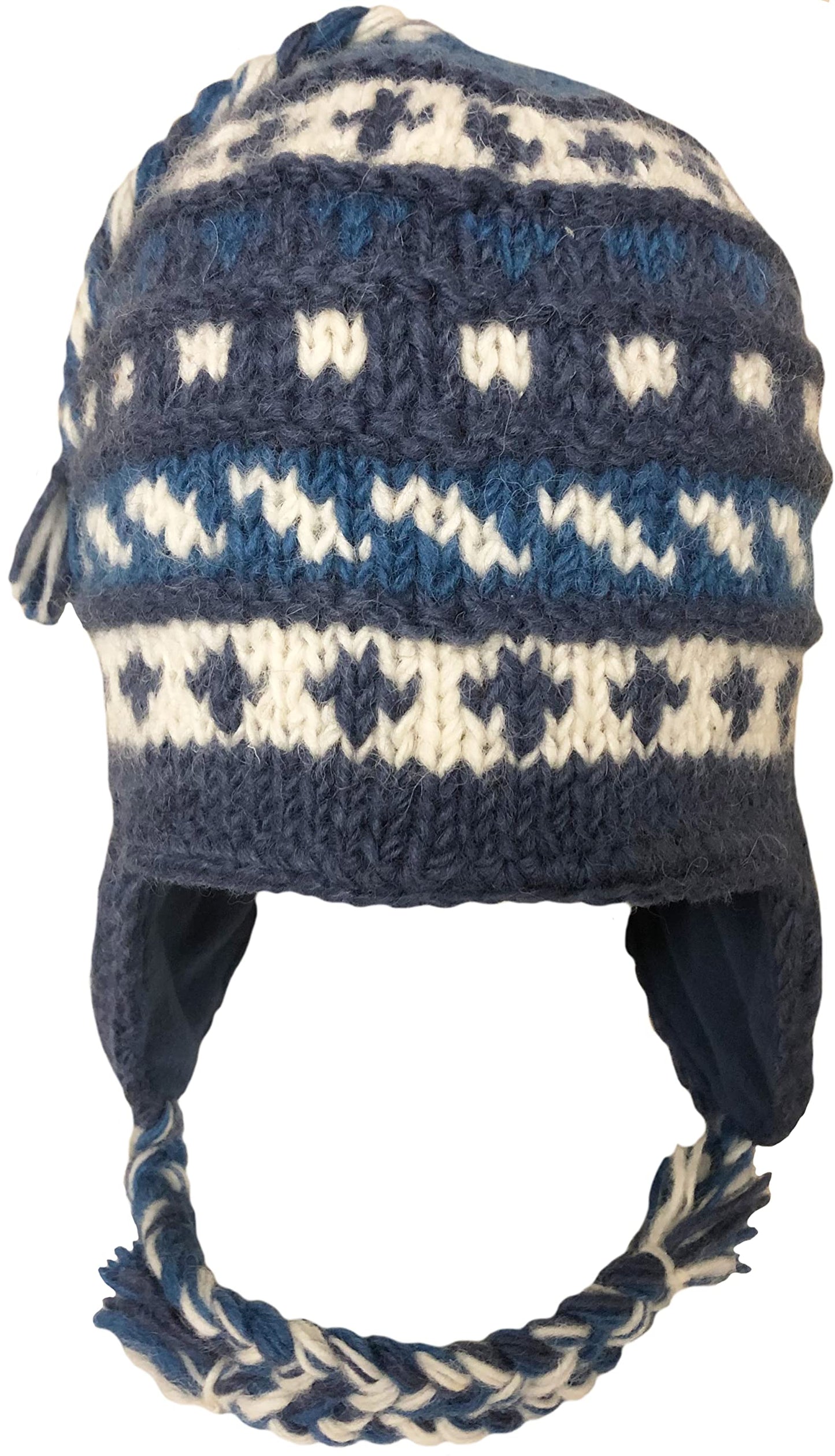 Nepal Hand Knit Sherpa Hat with Ear Flaps, Trapper Ski Heavy Wool Fleeced Lined Cap (White/Blue)