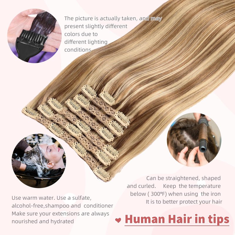 DIYOMO human hair clip in extensions Soft&Natural 120g 7pcs hair extensions real human hair clip insHair Straight&Invisible (14Inch, 18/613)