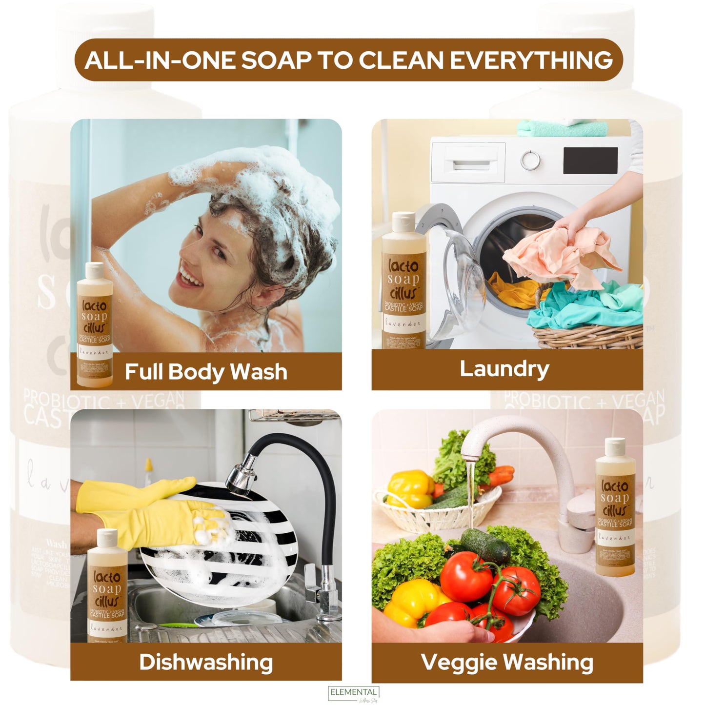 Elemental Wellness, Castile Soap Liquid - Lactosoapcillus, Organic, Probiotic, Vegan, Natural, Lavender Scent Body Wash - Multi-Purpose Liquid Soap, Plant Based Ingredients - (16 oz)