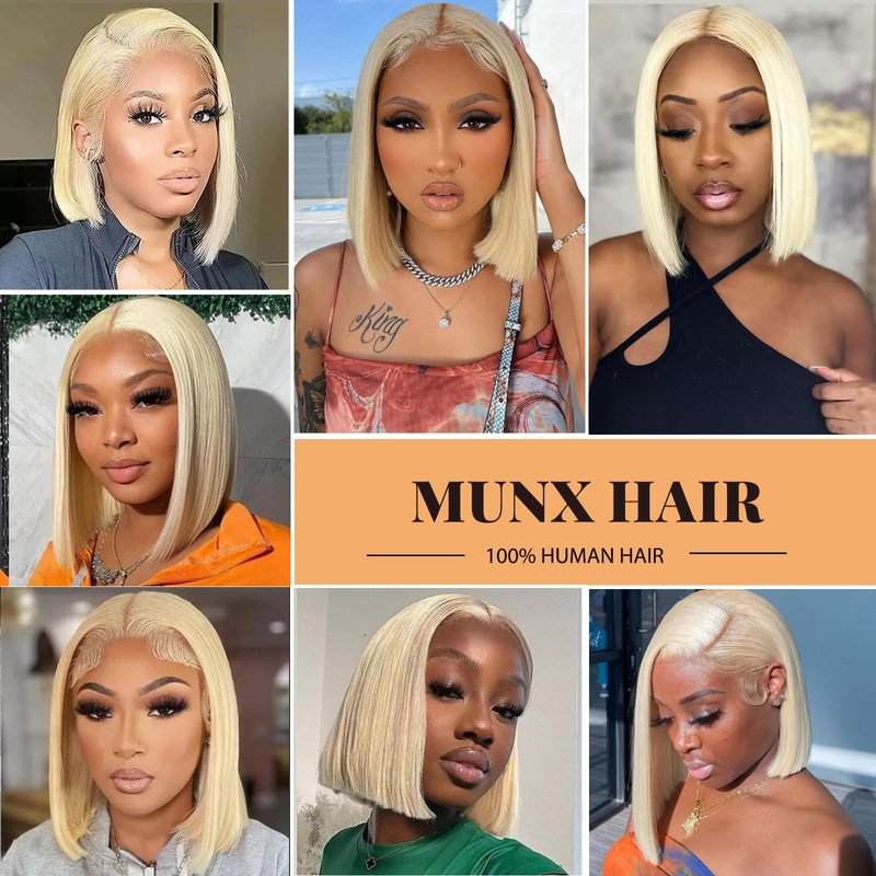 Munx Bob Wig Human Hair 13x4 HD Frontal Lace Wig Real Human Hair 180% Density Straight Blonde 613 Human Hair Wigs for Black Women Glueless Wigs Pre Plucked Blunt Cut Wig 8 Inch