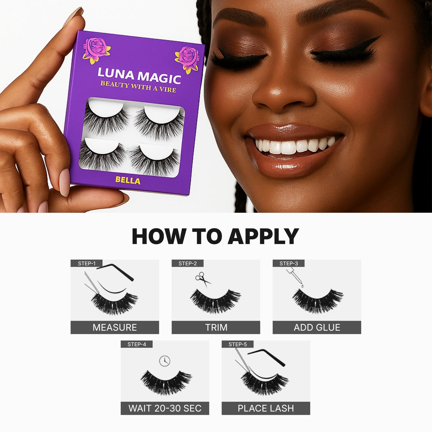 Luna Magic Bella Faux Mink Wispy Lashes with Soft Band, Reusable up to 10x, Lightweight Eye-Enhancing Design for Natural or Dramatic Eye Looks - Vegan & Cruelty-Free Eyelashes - 13MM – 3 Pair