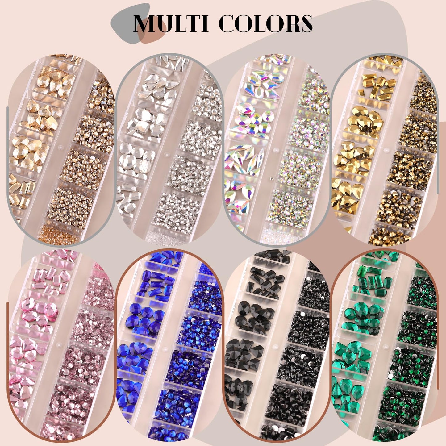 3220Pcs Champagne Gold Nail Rhinestones 120Pcs Multi Shapes Flatback Gems Charms Crystal+3100Pcs 1.5-4mm Round Beads, Glass Diamond Gemstones for Bedazzling Acrylic Nails Decoration