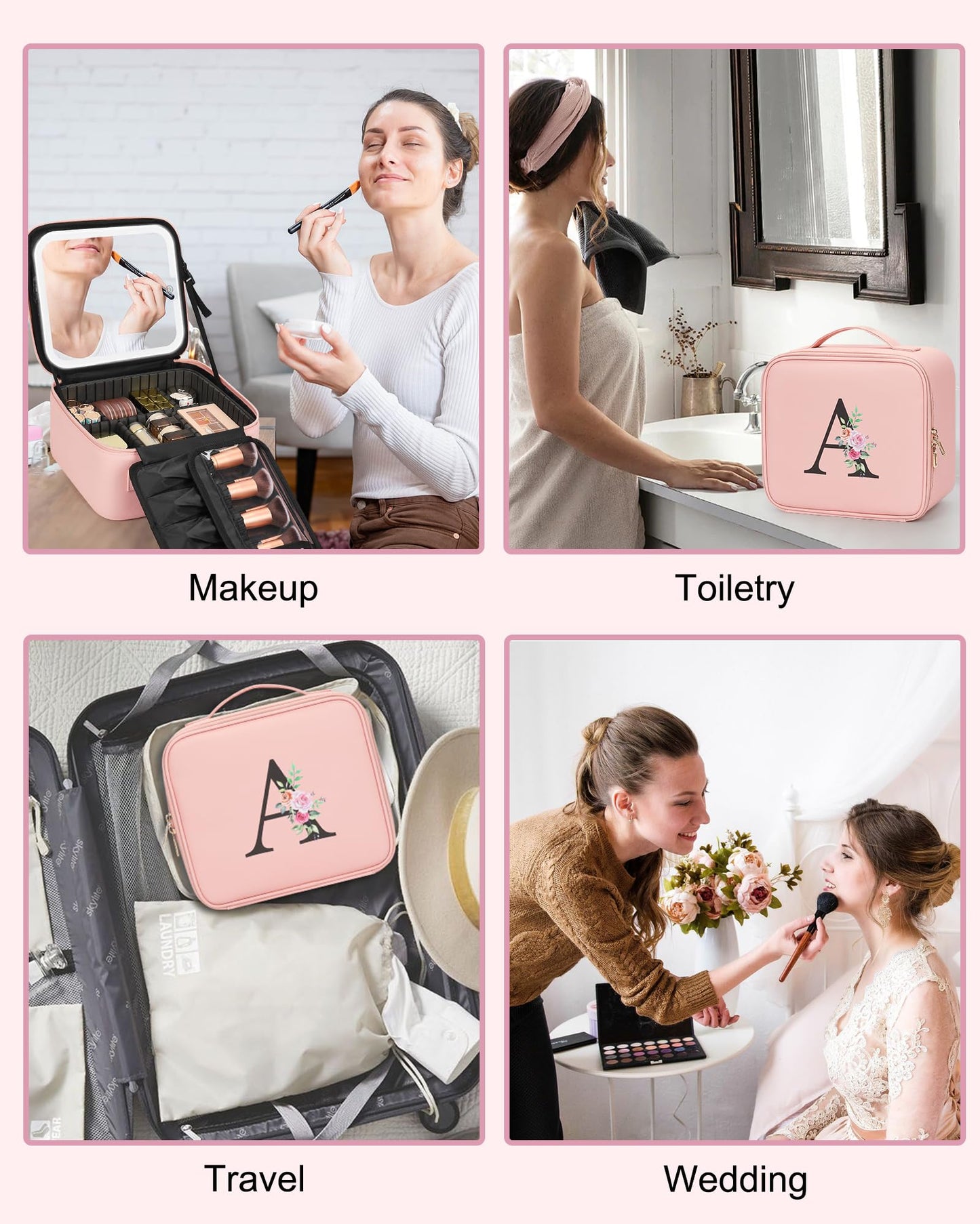 Relavel Initial Makeup Bag with LED Mirror for Women Girls, Personalized Travel Cosmetic Organizer Train Case, Birthday Gifts for Grandkids Bridesmaid Graduation Teacher Friends, Trendy Stuff, Pink H