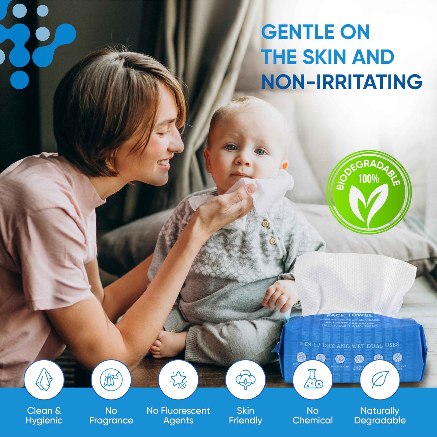 WITHU Disposable Face Towels, Ultra Soft, Biodegradable Makeup Remover Wipes, Hypoallergenic & Lint-Free Towelettes for Facial Cleansing, Multi-Use Dry Washcloths for All Skin Types/Family 240 Ct