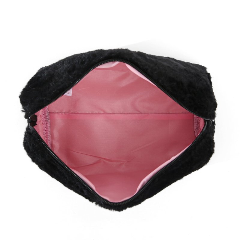 Juicy Couture Black Makeup Bag Cosmetics Organizer Travel Essentials Zip Top Wedge Faux Fur Rhinestone