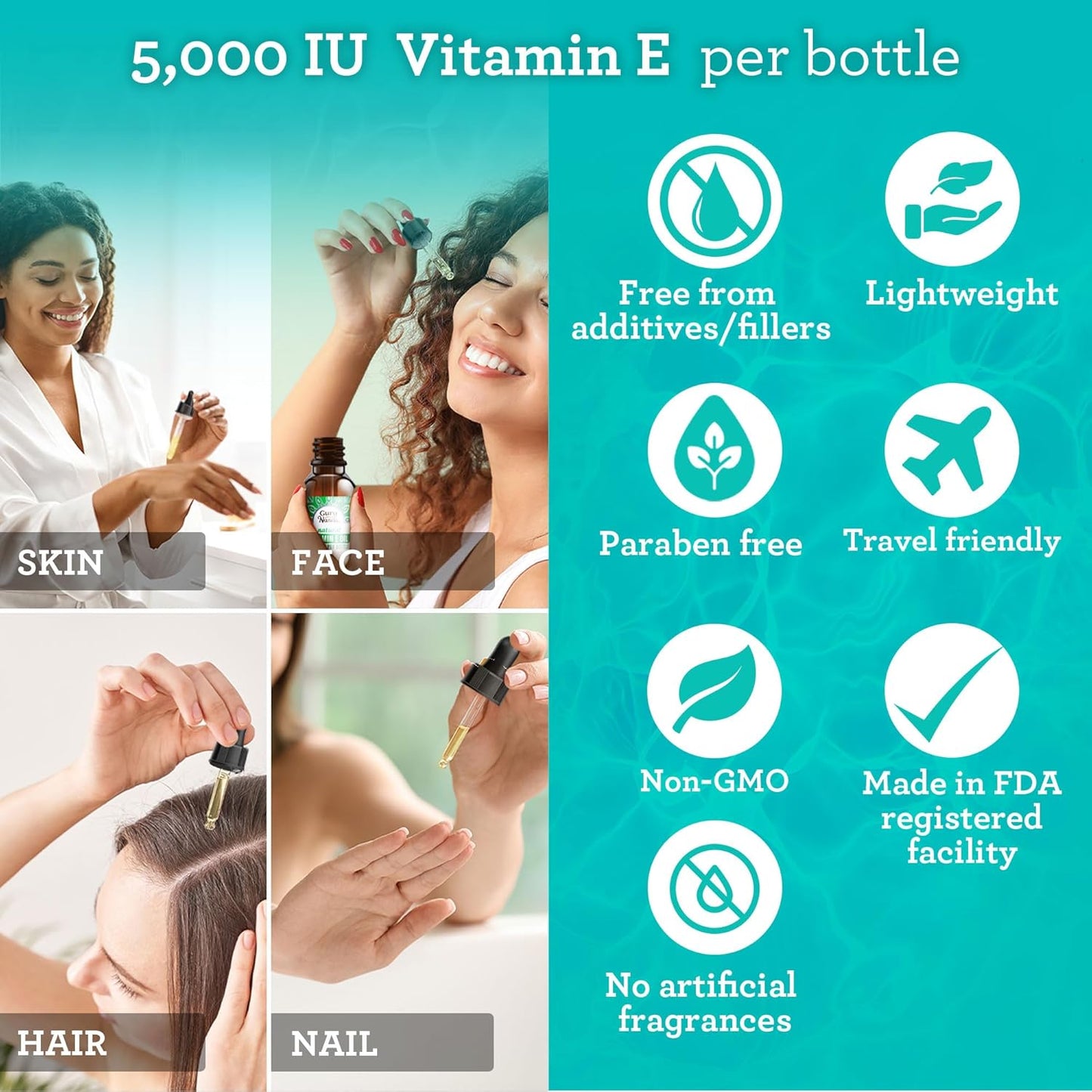 GuruNanda Vitamin E Oil, 2 Fl Oz Pure & Natural, 15,000 IU per Bottle, for Skin, Hair, Face, Nails & Scars, With Coconut Oil to Help Nourish & Moisture, Non-GMO & Vegan