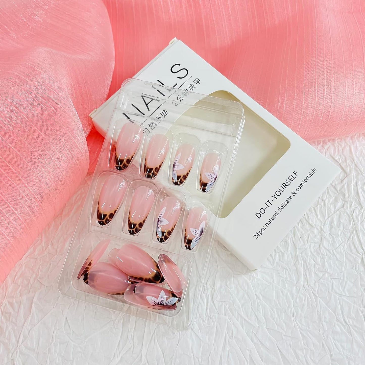 French Tip Almond Press-On Nails with Gold Bow | Reusable Glossy Acrylic False Nails for Women