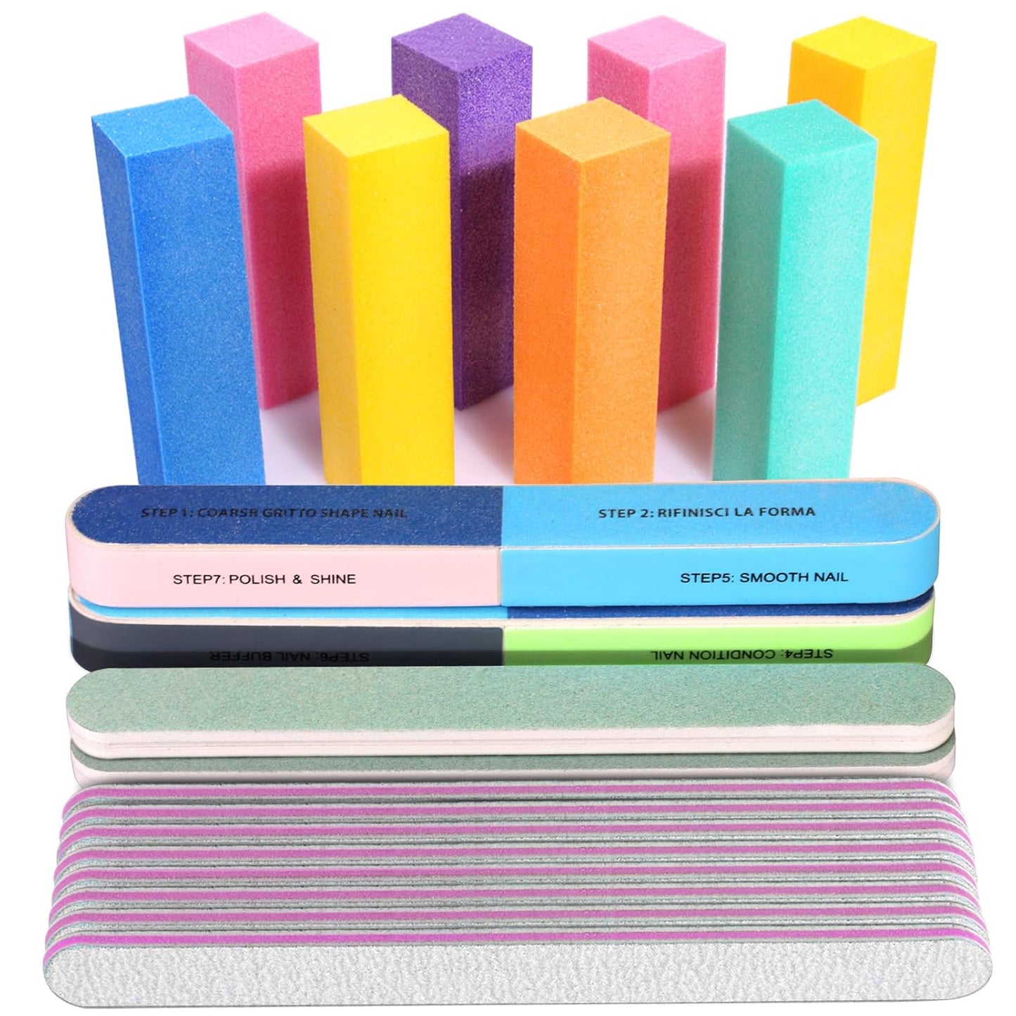 FANDAMEI Nail Files and Buffers, 20PCS Nail File Kit. Rectangular Nail Buffer Block & 100/180 Grit 7 Way Nail File & Polishing Buffer. Nail Prep Kit. Professional Manicure Nail Tools