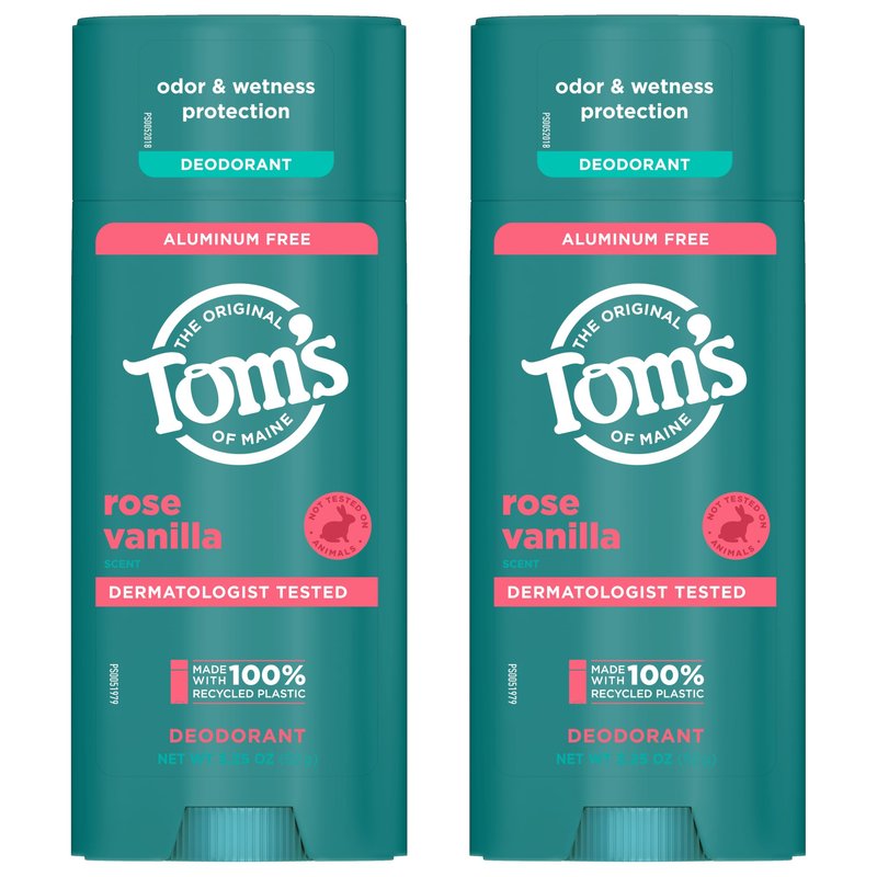 Tom’s of Maine Rose Vanilla Aluminum Free Natural Deodorant For Women & Men | Goes on Clear | Odor & Wetness Protection | Naturally Derived and Moisture-Locking Ingredients | 3.25 oz (2 Pack)