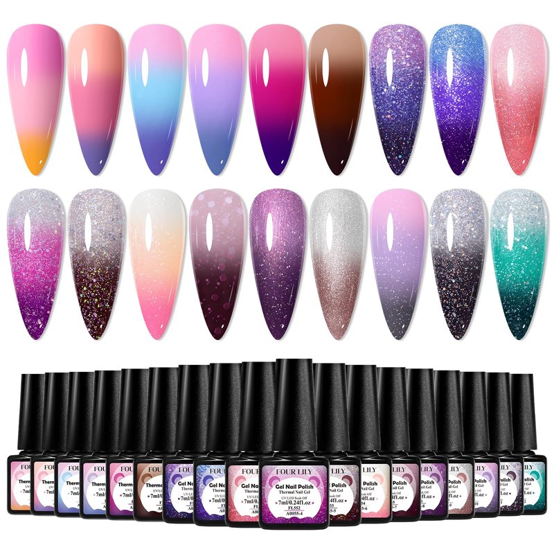 Four Lily Color Changing Gel Nail Polish Set, 18 Temperature Mood Changing Colors Red Pink Purple, Soak Off UV Light Cure Gel Polish for Salon and Nail Art DIY at Home