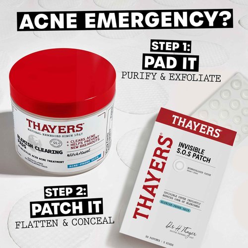 Thayers Blemish Clearing Acne Pads, Salicylic Acid Acne Treatment, Pore Reducing, Exfoliating, and Soothing Toner Pads, 60 Ct + Invisible S.O.S Hydrocolloid Acne Pimple Patch, Ultra-Thin, 22 Patches
