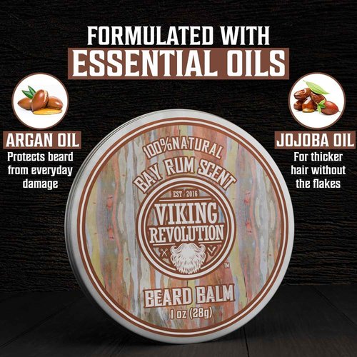 Viking Revolution 4 Beard Balm Variety Pack (1oz Each) - Sandalwood, Pine & Cedar, Bay Rum, Clary Sage - Styles, Strengthens and Softens Beards and Mustaches - Wax for Men