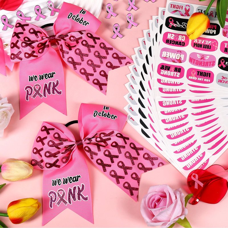 24Pcs Breast Cancer Awareness Cheer Bows Set includes 24 Pink Cheer Bows and 16 Breast Cancer Awareness Temporary Tattoos for Teen Girls Cheerleading Fundraising Event Party(Glitter Pink)