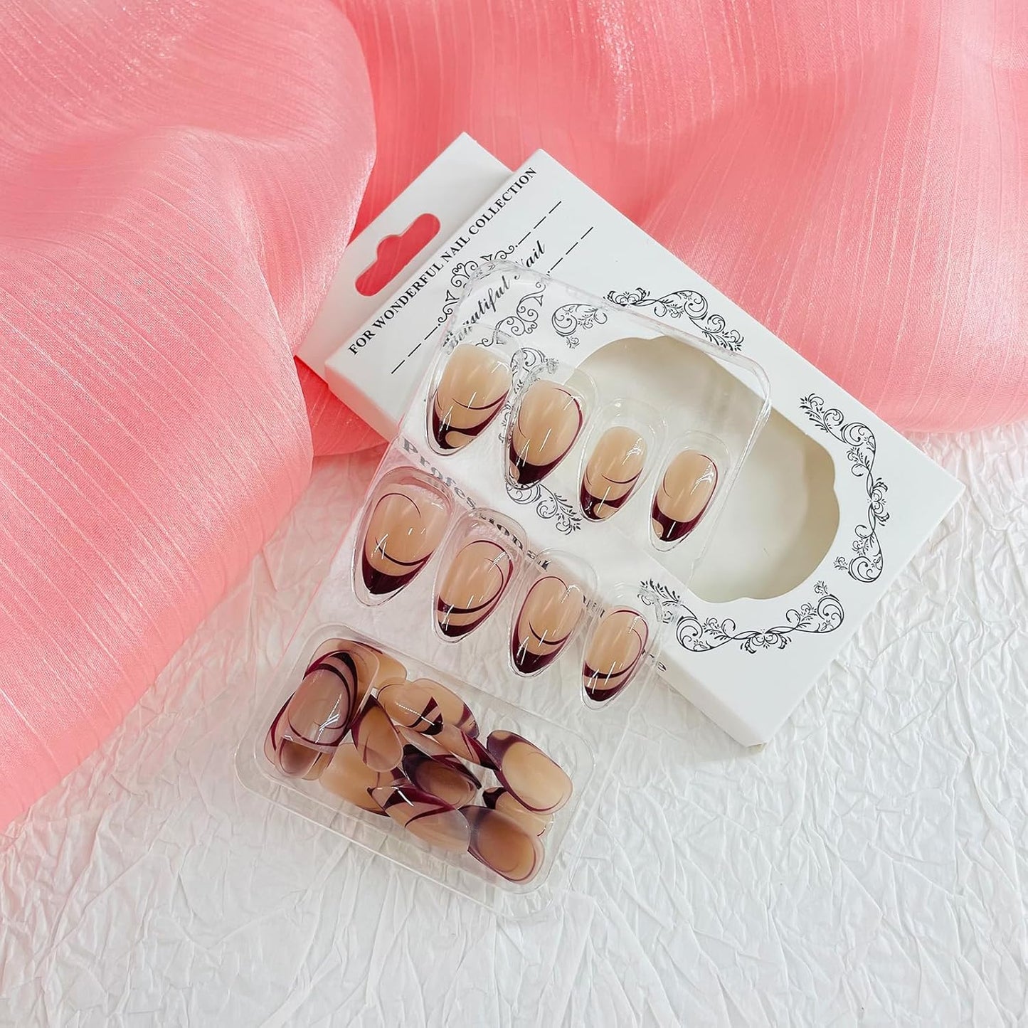 French Tip Almond Press-On Nails with Gold Bow | Reusable Glossy Acrylic False Nails for Women