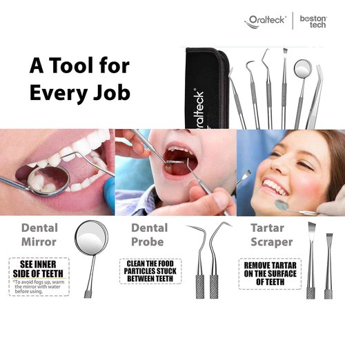 Dental Cleaning Kit 6 Pack Stainless Steel Oral Care Tools – Boston Tech Dental Tools with Teeth Scraper, Mirror, Pick & Case, Professional Plaque Remover for Adults, Kids & Pets (Gray)