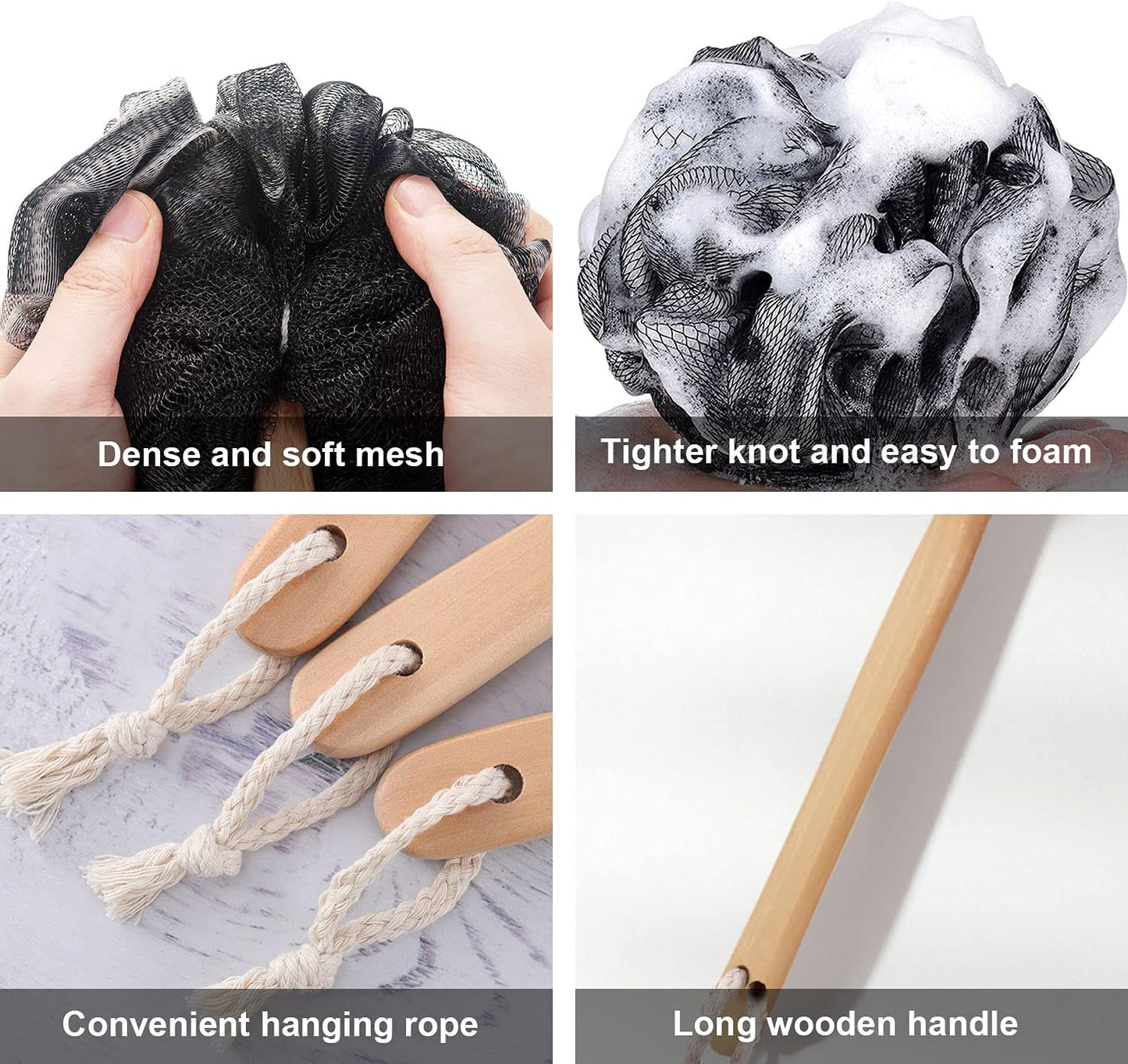 Loofah with Handle, Loofah on a Stick, Shower Sponge with Handle, Bath Brush, Shower Brush for Body, Back Scrubber for Shower, PE Soft Mesh Luffa for Men and Women